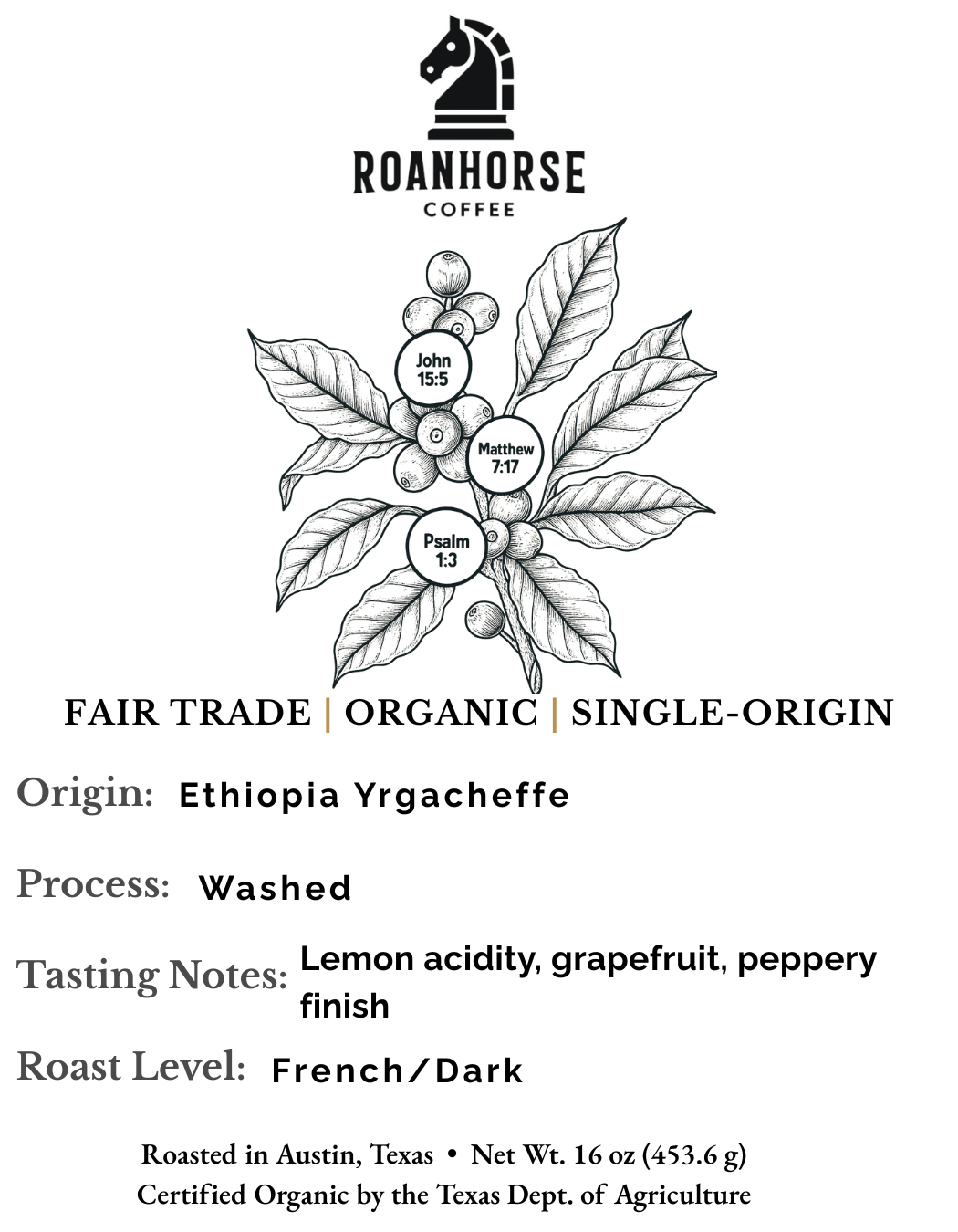 Organic Ethiopia Yrgacheffe Light Roast Whole Bean Coffee – Fair Trade, Single-Origin (16 oz)