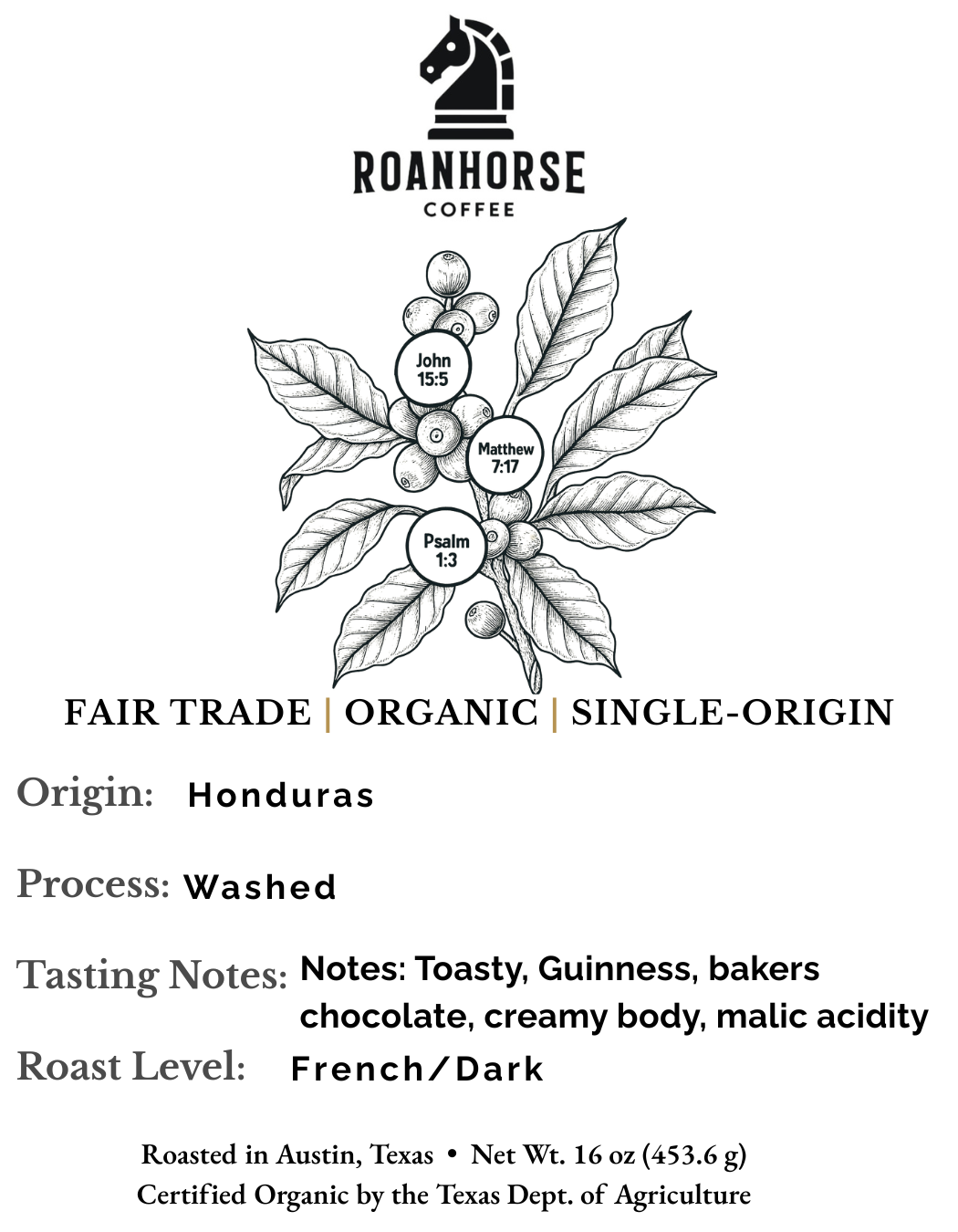 Organic Honduras Medium Roast Whole Bean Coffee – Fair Trade, Single-Origin (16 oz)