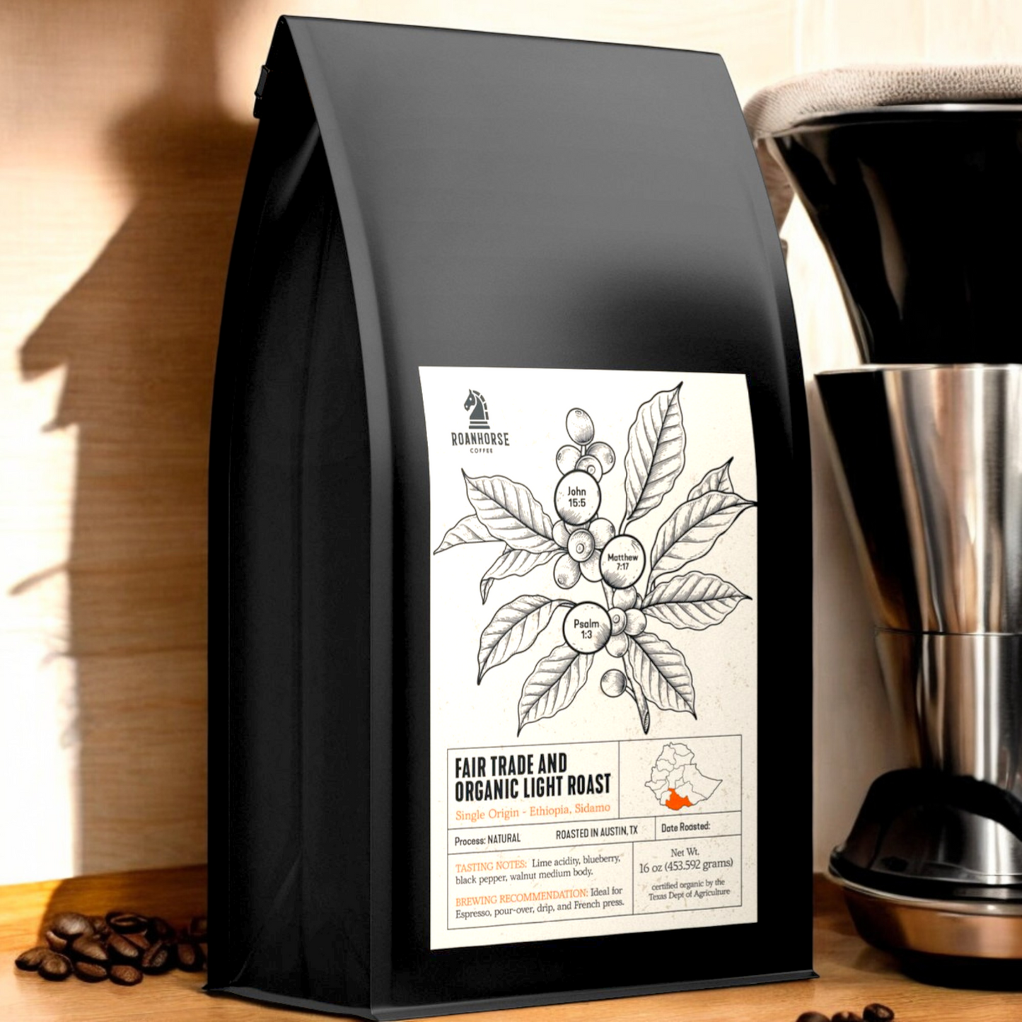 Organic Ethiopia Light Roast Whole Bean Coffee – Single-Origin, 100% Arabica (2 pounds)