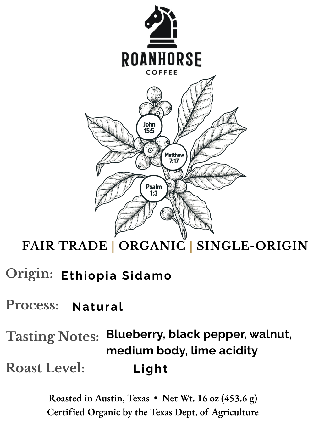 Organic Ethiopia Light Roast Whole Bean Coffee – Single-Origin, 100% Arabica (16 oz