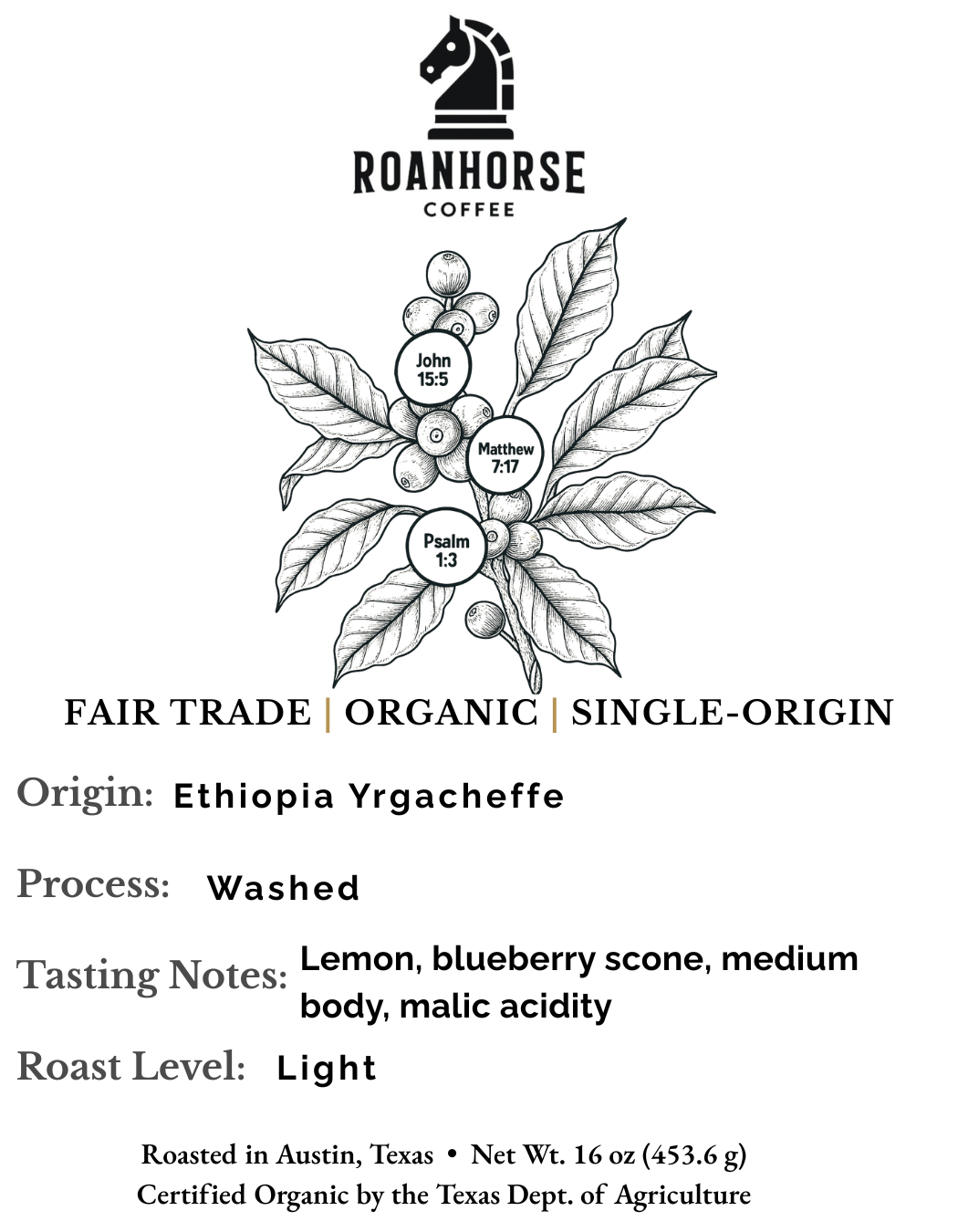 Organic Ethiopia Yrgacheffe Light Roast Whole Bean Coffee – Fair Trade, Single-Origin (16 oz)