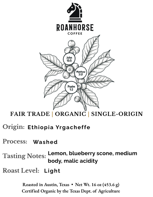 Organic Ethiopia Yrgacheffe Light Roast Whole Bean Coffee – Fair Trade, Single-Origin (16 oz)