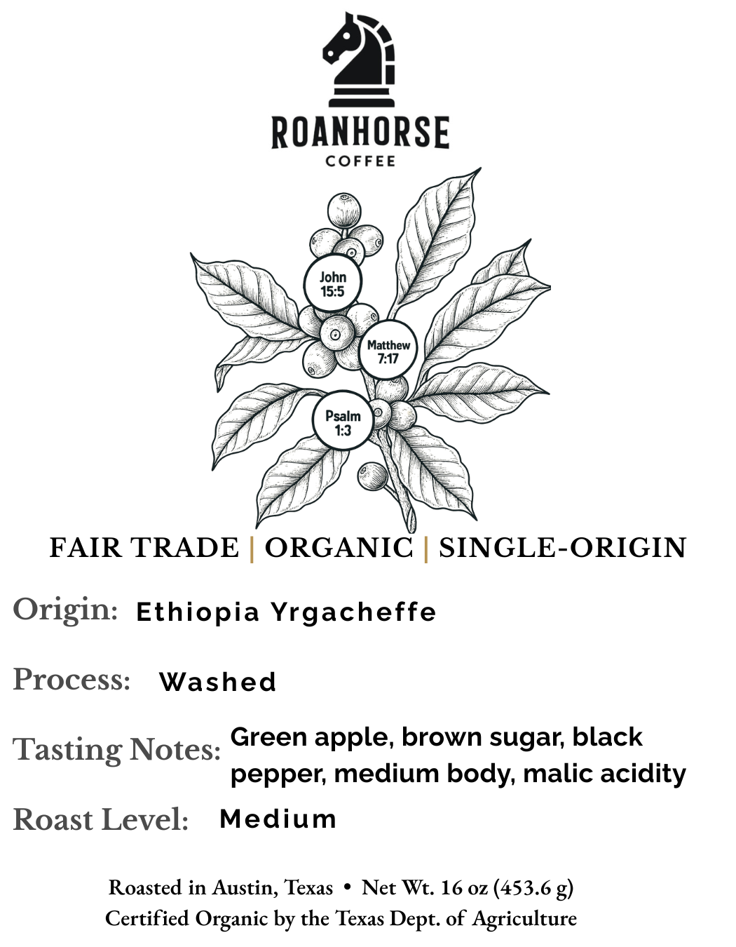 Organic Ethiopia Yrgacheffe Light Roast Whole Bean Coffee – Fair Trade, Single-Origin (16 oz)