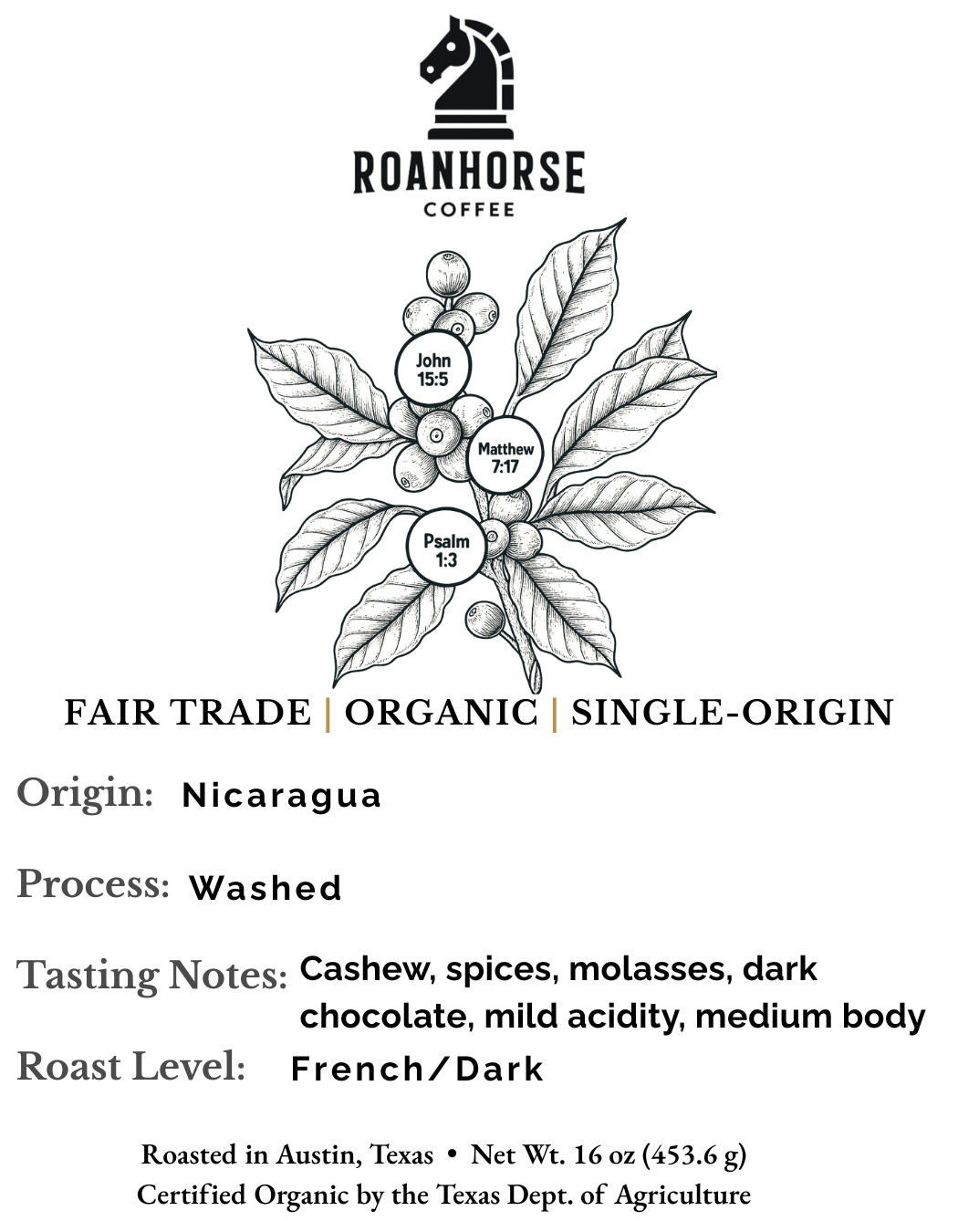 Organic Nicaragua Dark Roast Whole Bean Coffee – Fair Trade, Single-Origin (16 oz)